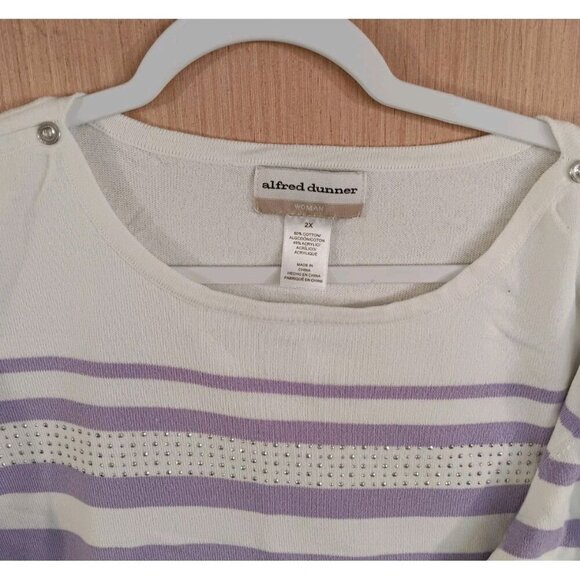 ALFRED DUNNER 2X Pullover Sweater Rhinestones Striped Purple White 3/4 Sleeve - Picture 2 of 6